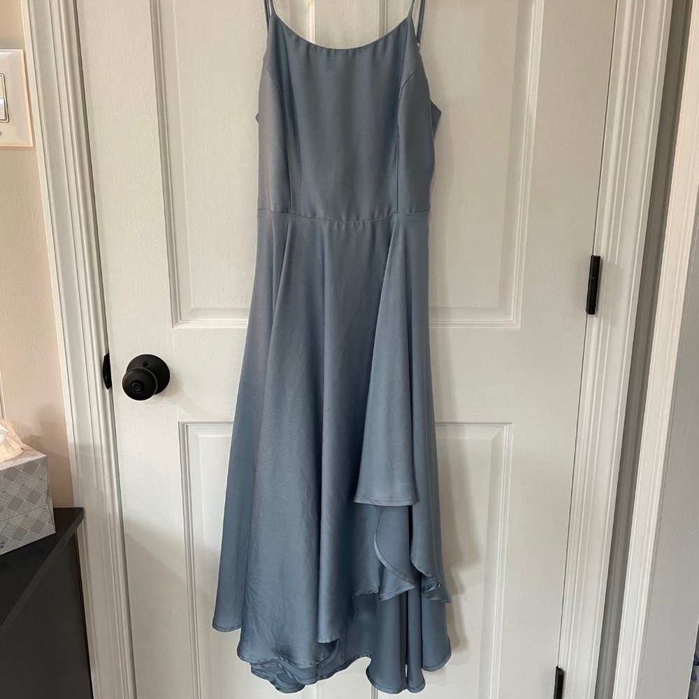 Lulu's Days Like Today Blue Satin Asymmetrical Tie-Back Midi Dress, Small